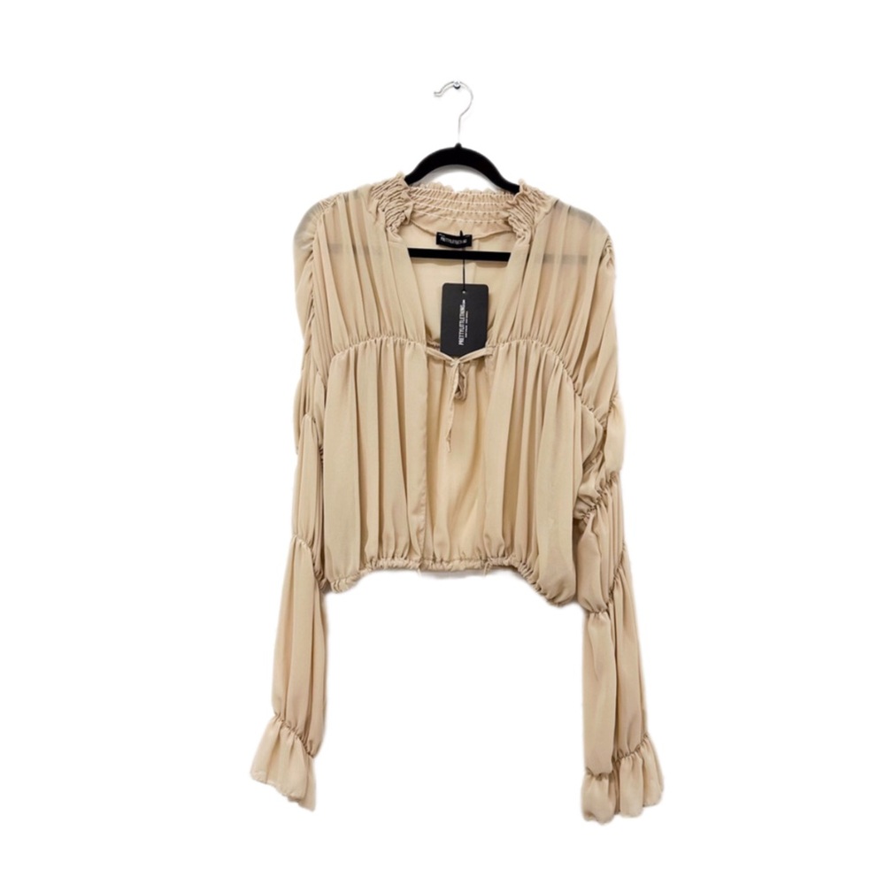 45 Pretty Little Thing Beige Ruched Tiered Blouse Size XL Retail $50 NWT